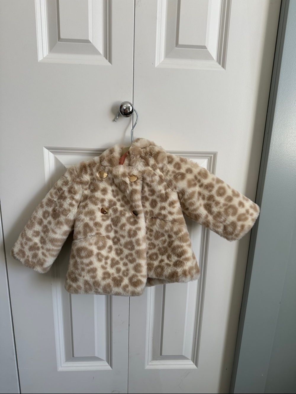 Catherine Malandrino Girls Leopard Faux Fur Pea Coat - Cream/Tan